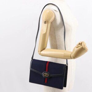 GUCCI GG Canvas Sherry Line Shoulder Bag Navy Gold Red Auth 148806